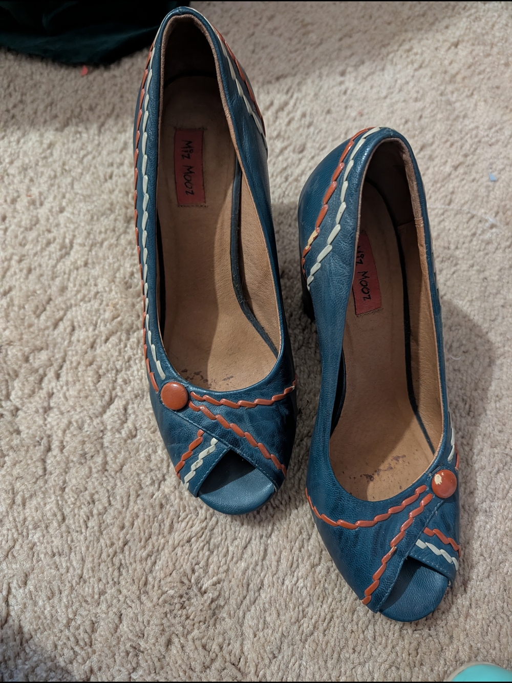 Miz Mooz Teal Peep-Toe Heels with Coral & Cream Trim - Picture 3 of 4
